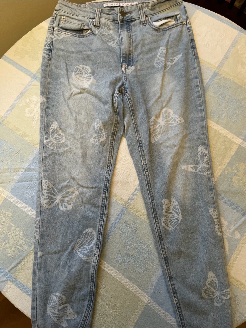 Tinseltown Light Blue Jeans with White Butterfly Print - Straight Leg